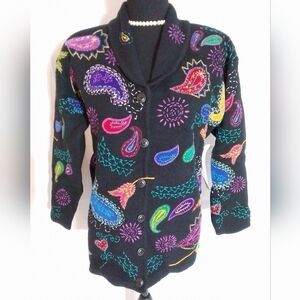 NWT Design Options Philip & Jane Gordon PAISLEY Cardigan WOOL Sweater Womens LG